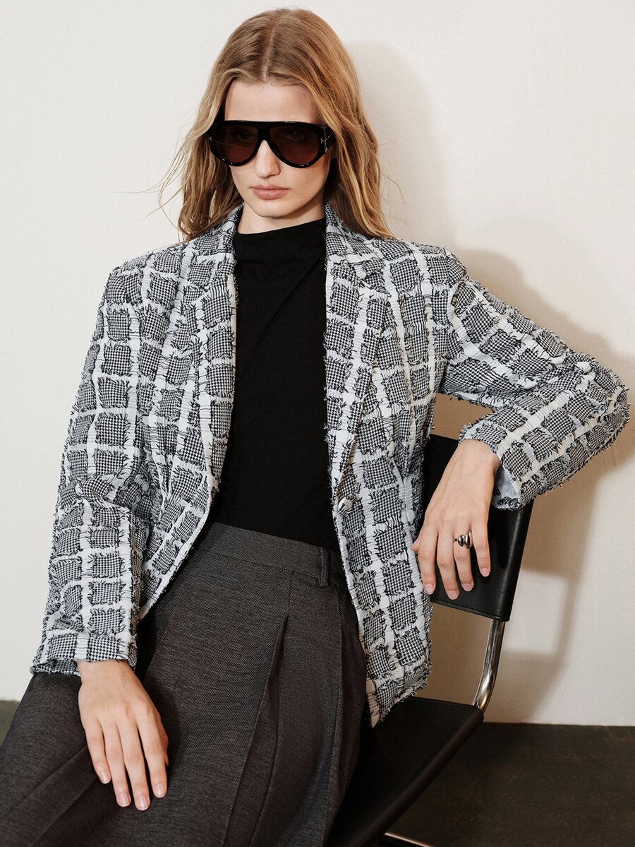 Aveloria Modichic Classic Retro Casual Daily Commute Versatile Houndstooth Plaid Tassel Contrast Color Slimming Waist-Cinching Single Button Lapel Blazer Jacket - Black and White - View 1