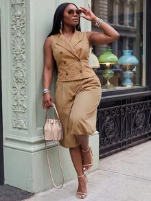 Slaydiva Casual Street Style Khaki Pleated Bubble Mid-Length Tulip Pants Plus Size 7/10 Length - Brown - View 10