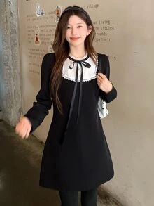 DAZY Women's Colorblock Patchwork Neckline Tie Mini Dress - Black - View 5