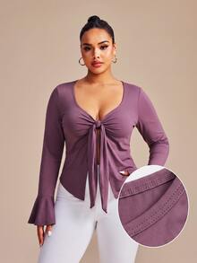 SHEIN Core Rhythm Plus Size Women's One-Piece Solid Purple Sports Kawaii Front Tie-Front T-Shirt Tank Top Gym Autumn Fall Pilates Tropical Cow Girl - Purple - View 1