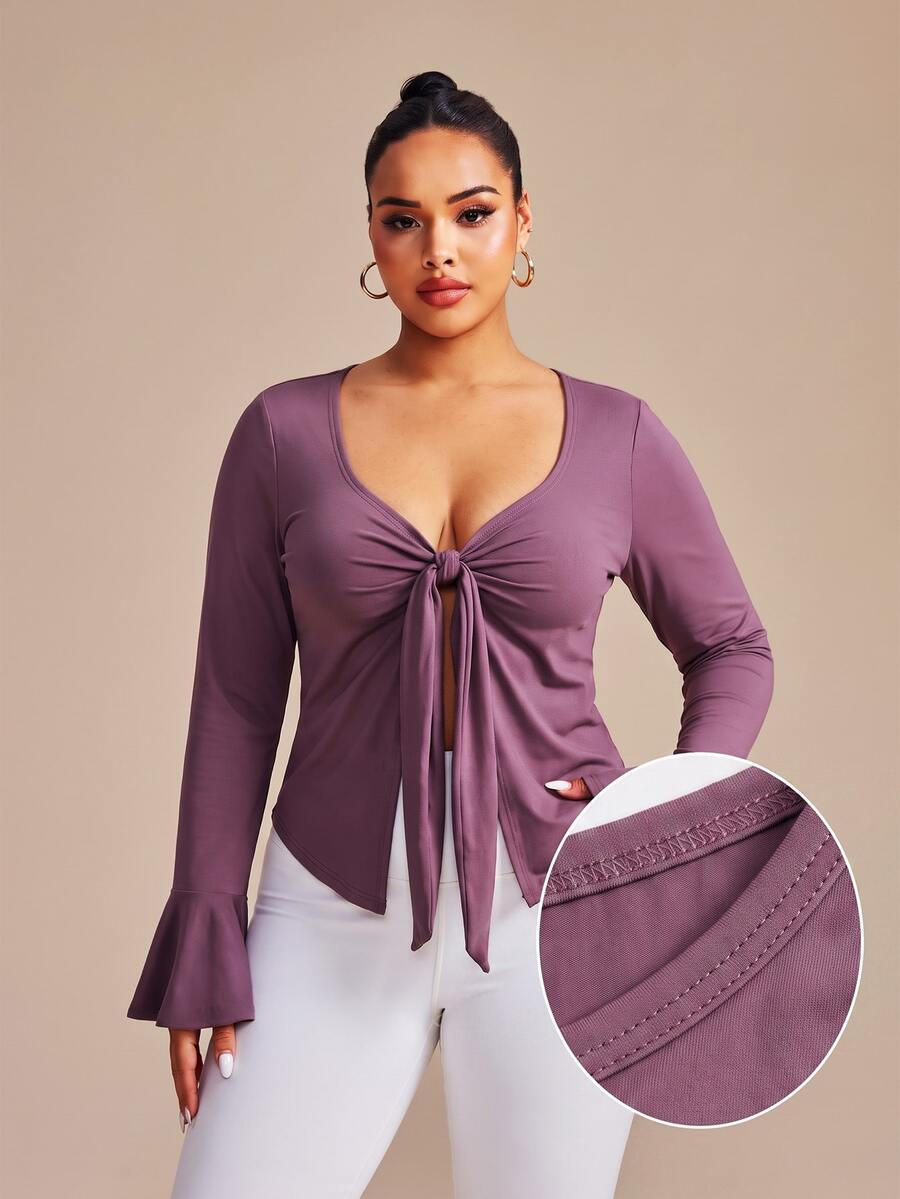SHEIN Core Rhythm Plus Size Women's One-Piece Solid Purple Sports Kawaii Front Tie-Front T-Shirt Tank Top Gym Autumn Fall Pilates Tropical Cow Girl - Purple - View 1