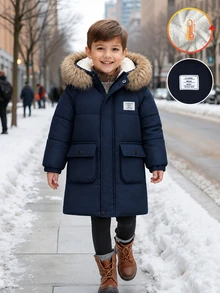 Boys Casual Letter Print Raglan Sleeve Navy Blue Mid-Length Hooded Detachable Fur Collar Thermal Lined Jacket, Winter Tops - Blue - View 1