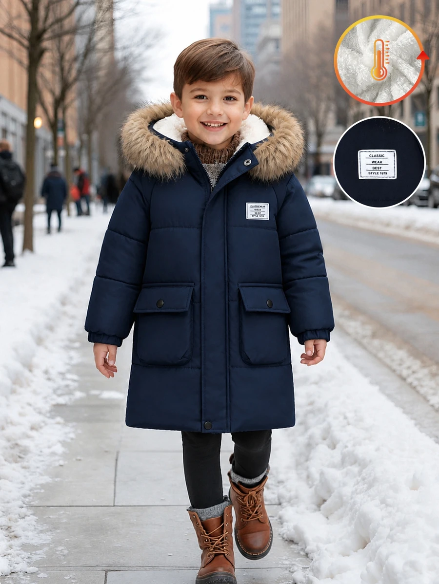 Boys Casual Letter Print Raglan Sleeve Navy Blue Mid-Length Hooded Detachable Fur Collar Thermal Lined Jacket, Winter Tops - Blue - View 1