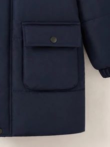 Boys Casual Letter Print Raglan Sleeve Navy Blue Mid-Length Hooded Detachable Fur Collar Thermal Lined Jacket, Winter Tops - Blue - View 5