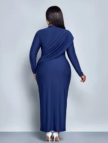 SOLERSUN Plus Size Women's Solid Color Ruched Elegant Waist-Cinching Party Dress - Blue - View 6