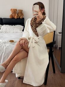 Napfluff Cute Solid Color Contrast Leopard Watermark Pattern Plush Long Sleeve Women's Loungewear Robe - White - View 1