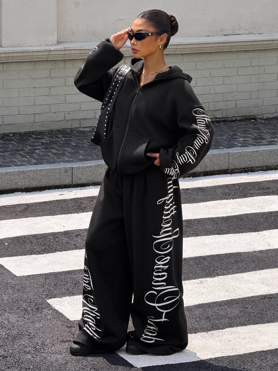 Muchica Women's Street Letter Print Hoodie And Loose Pants Set - Black - View 1