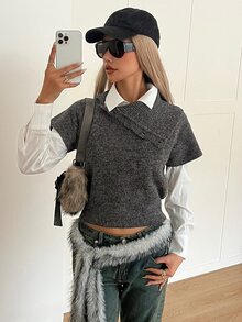 DAZY Atasan Rompi Rajut Kasual Longgar Tanpa Lengan Berbulu dengan Hiasan Kancing Kerah Asimetris Warna Abu-abu Gelap - Dark Grey - View 6