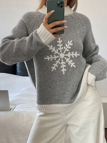DAZY Women's Colorblock Snowflake Jacquard Loose Long Sleeve Casual Retro Christmas Korean Style Fall/ Pullover Knit Sweater Everyday Grey - Grey - View 6