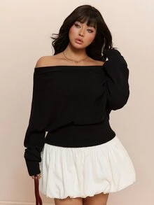 CovetEZ Autumn/Winter Solid Color Asymmetrical Collar Waist-Flattering Slimming Casual Plus Size Sweater - Black - View 7