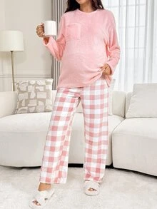 Slowluna Maternity Solid Color Drop Shoulder Long Sleeve Pocket Top And Adjustable Waist Plaid Pants 2 Pieces Set - Pink - View 5
