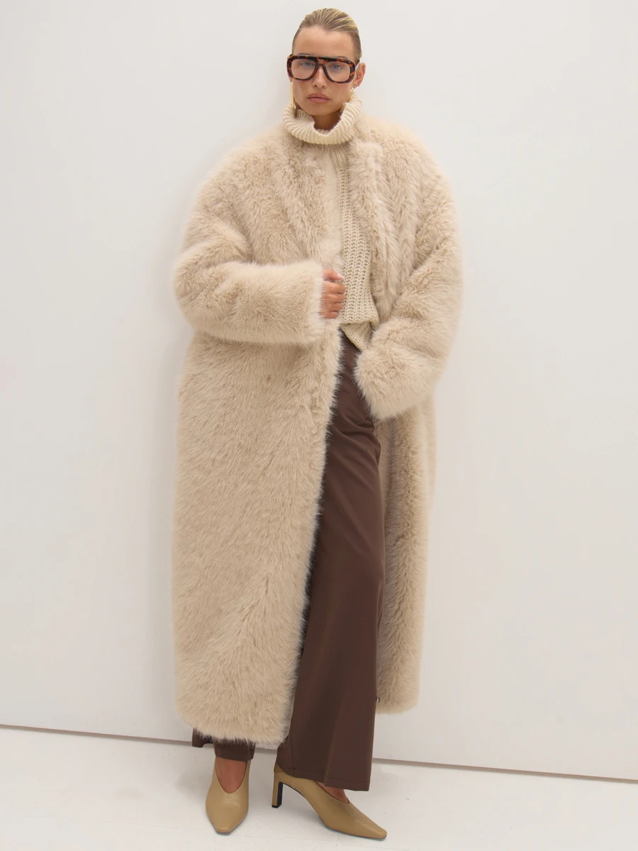 MUSEYN Cream Fur Oversized Maxi Coat Cosy Versatile Everyday Casual Fall - Cream - View 1