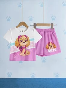 SHEIN | PAW Patrol Young Girl Crew Neck Short Sleeve T-Shirt And Shorts Casual Set - Pink - View 3