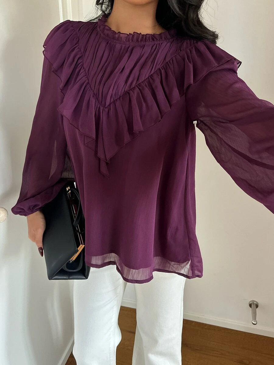 Aloruh Blus Wanita Model A-Line Berkerut dengan Kerah Bulat dan Lengan Kelopak, Motif Boho Ungu Tua, Motif Liburan, dan Hiasan Pagar. - Red Violet - View 1