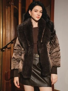 Anewsta Women's Autumn/Winter Elegant Vacation Style Versatile Large Fur Collar Warm Coat - Coffee Brown - View 4