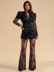 SHEIN BAE Elegant Sexy Lace Patchwork Jacket And Pants Suit Set - Black - View 3