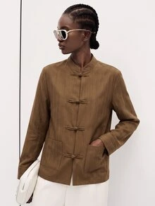 Aveloria Modichic 女款直筒版型中式立領盤扣夾克，復古簡約棕色縱條紋秋季外套，適合早午餐與茶會 - 咖啡棕 - 查看 7