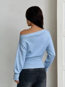 SHEIN PETITE 3D花卉不對稱單肩米色秋冬浪漫寬鬆針織毛衣 - 淺藍色 - 查看 3