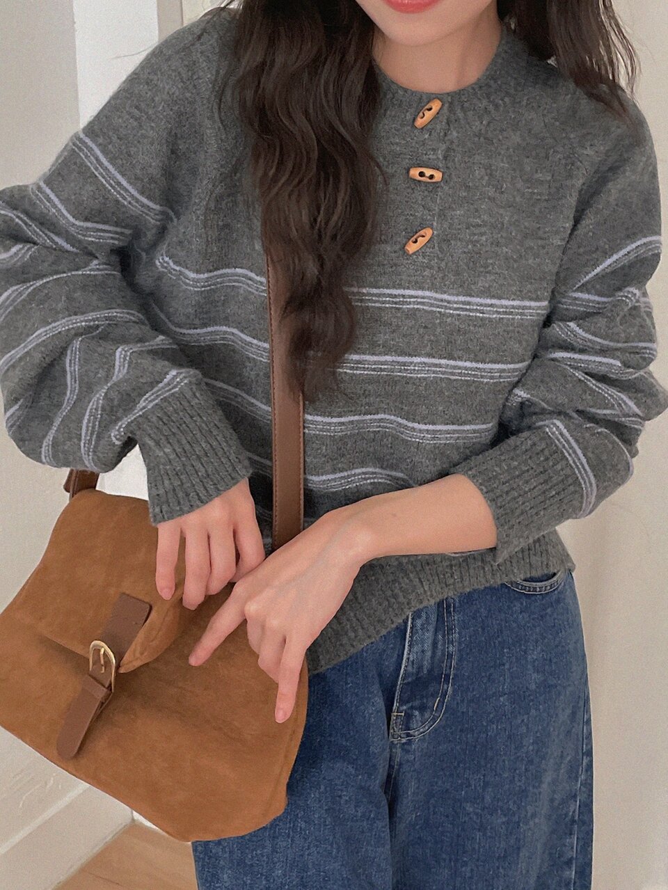 Women's Colorblock Striped Horn Button Loose Long Sleeve Crew Neck Casual Vacation Korean Style Autumn/Winter Versatile Pullover Knit Sweater