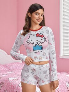 HELLO KITTY AND FRIENDS | SHEIN طقم بيجامة نسائي بطبعة كرتونية بأكمام طويلة ولباس علوي وشورت - متعدد الألوان - مشاهدة 4