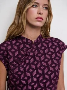 Nöista Atasan Lengan Pendek Asimetris Motif Geometris. Musim Panas, Gugur, Gaya Kasual Chic, Jalan-jalan, Pesta. - Purple - View 5