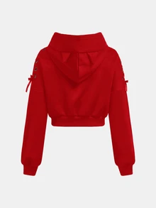 SHEIN Girlism 兒童青少年女孩秋冬萬聖節時尚街頭風黑色貓耳連帽長袖抽繩套頭運動衫 - 紅色 - 查看 2