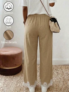 Holdful Holdful Celana Panjang Wanita Model Baru, Kasual, Modis, dengan Patchwork Renda dan Warna Kontras, Saku, dan Potongan Lurus - Khaki - View 2