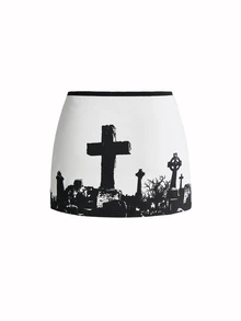 ROMWE Women's Goth Mini Ultra Low Waist Tombstone Dark Personalized Niche Colorblock Black & White Skirt - Black - View 2