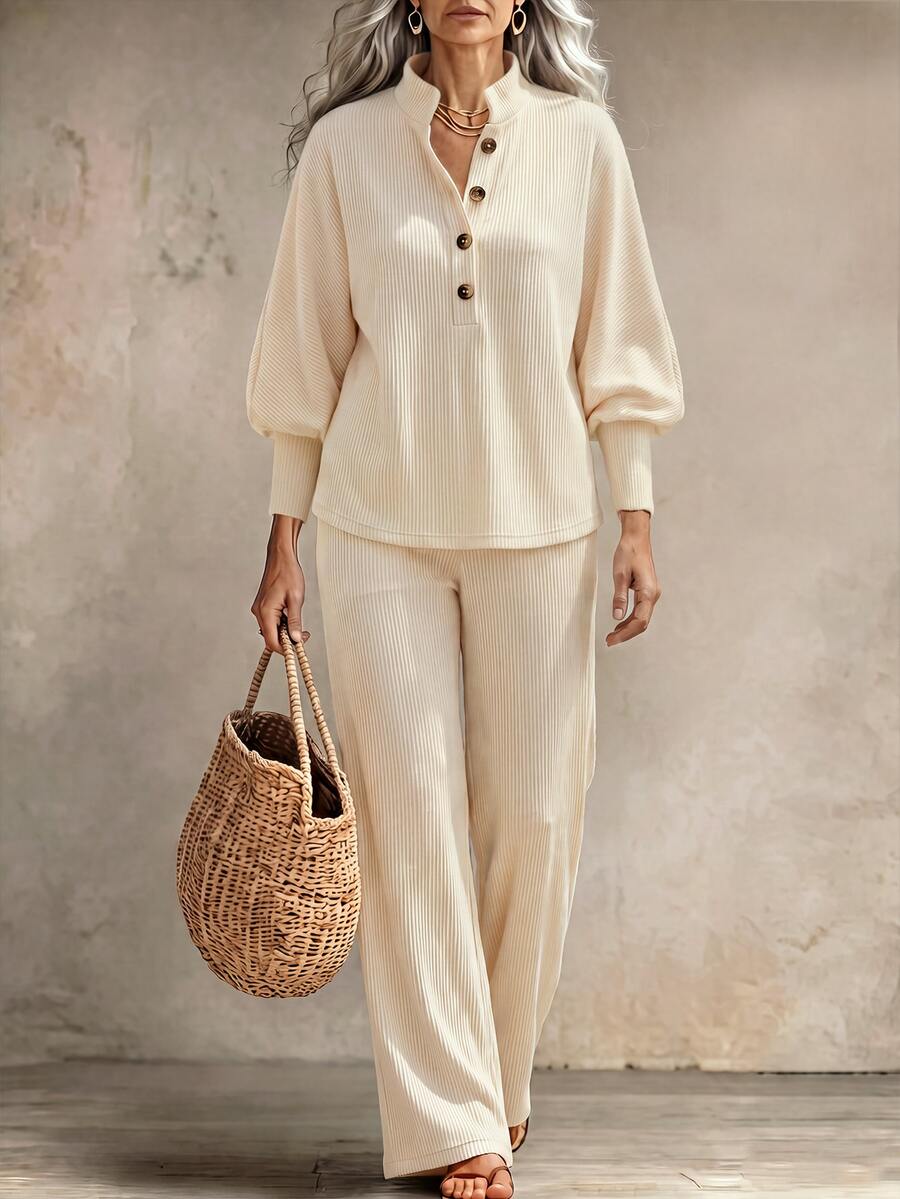 Zayélia Off-White Ribbed Lounge Set. Button Split-Neck Top With Balloon Sleeves Matched With Relaxed Wide-Leg Trousers. - Multicolor - View 1