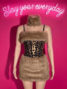 Slaydiva Leopard Sequin Fur Trim Corset Mini Dress | Strapless Faux Fur Bodycon Skirt For Club Party & Evenin - Khaki - View 5