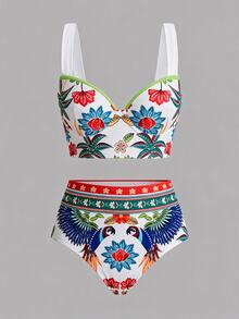 Swim Oasis 女款夏季海灘花卉印花性感時尚比基尼兩件式泳衣套裝，附外罩衫與長褲 - 彩色 - 查看 3