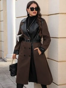 Miaspire معطف طويل أنيق للنساء بمقاس كبير من البولي يوريثان مع تصميم رقعات وألوان متباينة وحزام بني، معطف شتوي دافئ، مناسب للخريف والخروج والمناسبات الرسمية والأعمال والمكتب - قهوة بني - مشاهدة 3