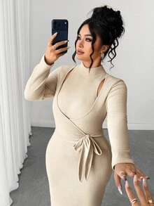 Elenzga Gaun Panjang Bodycon Rajut Bergaris Halus Ukuran Besar Musim Gugur/Dingin, Elastis, Nyaman, Lengan Panjang, Desain Ikat Pinggang, Pakaian Dalam Elegan untuk Perjalanan Musim Gugur - Khaki - View 7