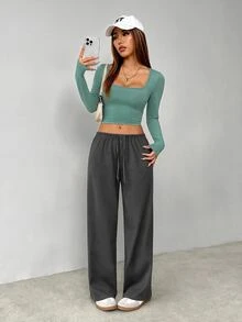 SHEIN PETITE Soft White Knitted Home Pants, Loose Pant - Flint Stone - View 9