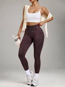 SHEIN BamGlam Coffee Brown Leopard Print Seamless Yoga, Running, Sports Leggings - Coffee Brown - View 7