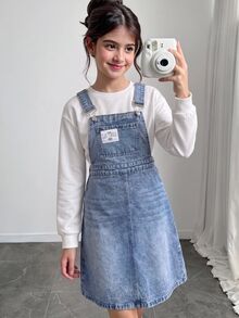 SHEIN 女童淺藍色牛仔拼接鬆款吊帶短洋裝 2026秋冬可愛Y2K百搭款 萬聖節新年穿搭 - 藍色 - 查看 4