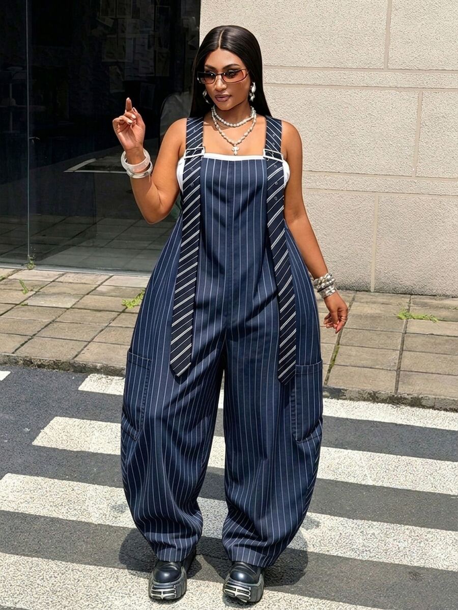 Maweii Plus Size Khaki Striped Adjustable Strap Loose Wide Leg Cargo Overalls, Y2K, Utility Style, Casual Daily Wear, Comfortable Fall - Multicolor - View 1