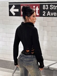 StreetHx Streetwear Women's Autumn/Winter Solid Color Y2K Vintage Distressed Ripped Cable Knit Sweater Top - Black - View 3