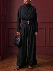 Zivah Women's Solid Color Pleated Batwing Long Sleeve Shirt And Wide Leg Pants Elegant 2 Pieces Set - Black - View 7