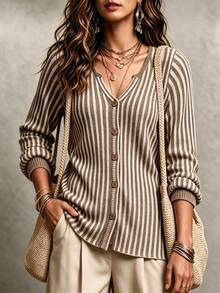 RosyDaze Women's Striped Dropped Shoulder Long Sleeve Single-Breasted Casual French Elegant Knit Cardigan Office Brown Striped Autumn - Coffee Brown - View 5