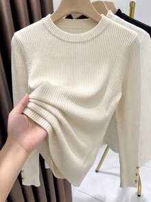 GlowEve CURVE Plus Size Crew Neck Vertical Ribbed Metallic Decor Pullover Sweater - White - View 1