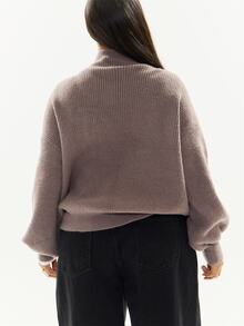 MUSERA Grey Knit Plus Size Funnel Neck Zip Detail Cardigan Casual Cool Basic Fall Winter Autumn - Grey - View 4
