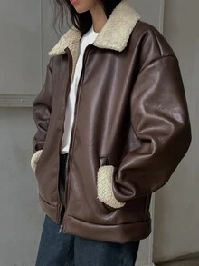 DAZY Women's Colorblock PU Leather Fashion Versatile Long Sleeve Leather Jacket - Brown - View 3