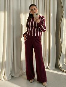 Modelyn Women's Colorblock Design Spotted Striped Autumn/Winter Long Sleeve Sweater 2 Pieces Set - Burgundy - View 5