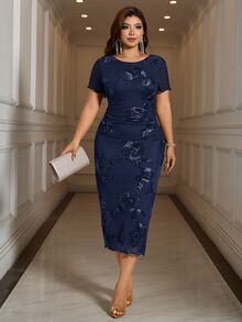 Reflora Plus Size Elegant Elegant Embroidered Frill Trim Dress - Navy Blue - View 6