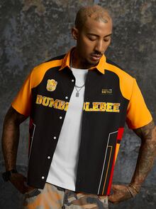 Transformers X SHEIN Men's Letter Print Single-Breasted Short Sleeve Shirt - Yellow - View 4