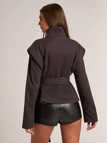 SHEIN BAE Women's Autumn/Winter Brown Herringbone Wool Vintage Fashion Commuter Long Sleeve Jacket, Suitable For Social Gatherings And Daily Commute - Brown - View 7