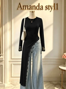 GlowEve Women's Solid Color Round Neck Long Sleeve Contrast Lace Asymmetrical Hem T-Shirt - Black - View 1