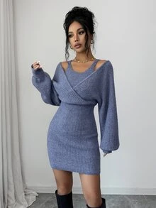 SHEIN Elenzya Women's Solid Color 2 In 1 Patchwork Casual Daily Knit Dress - Dusty Blue - View 3