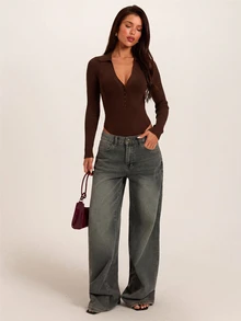 SHEIN BAE New Women's Lapel V-Neck Button Long Sleeve Minimalist Premium Vibe Sweater Jumpsuit - Coffee Brown - View 1